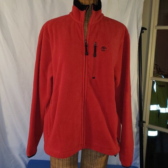 Men's TIMBERLAND Fleece Jacket Coat in Red w/Black Trim - M
